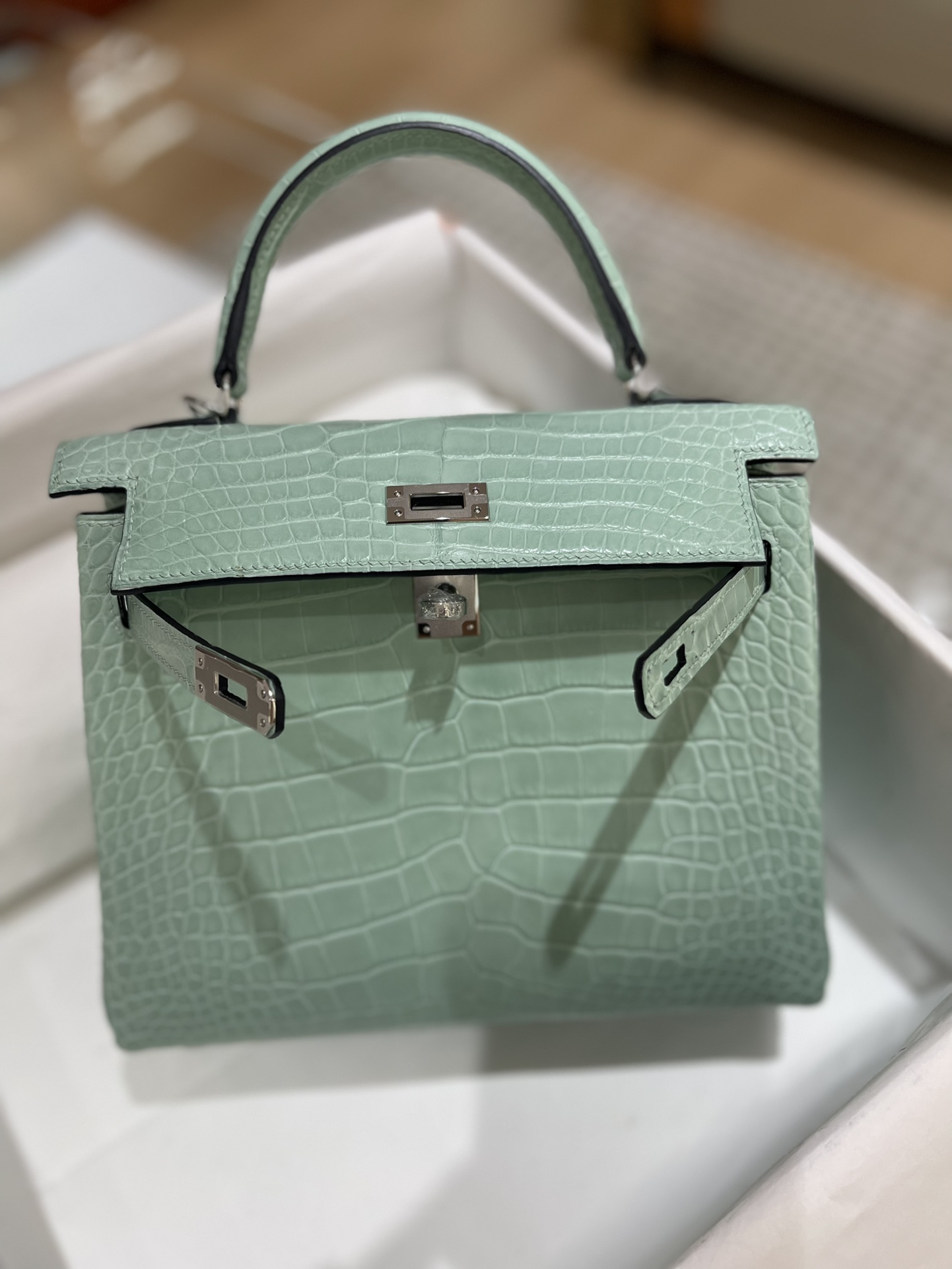 Hermes Kelly 25cm Handbag Shoulder Bag In Grey Green Shiny Crocodile Niloticus Leather